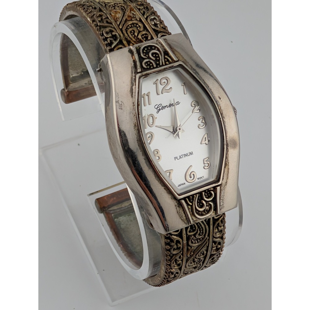 Geneva Platinum Silver Tone Watch Scroll Details‎ Open Cuff Bangle- New Battery